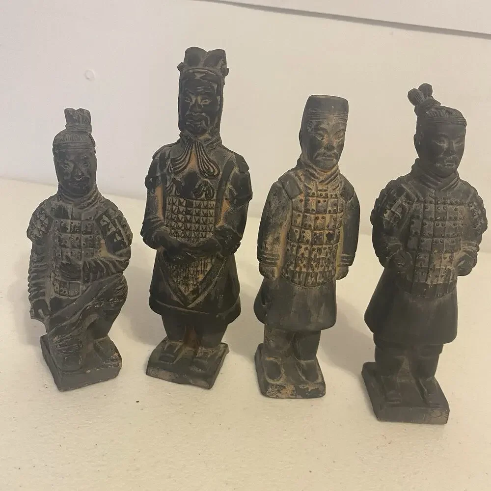 Vintage MCM Lot Of 4 Chinese Warrior Terra Cotta Stone Carved Figurines Novelty